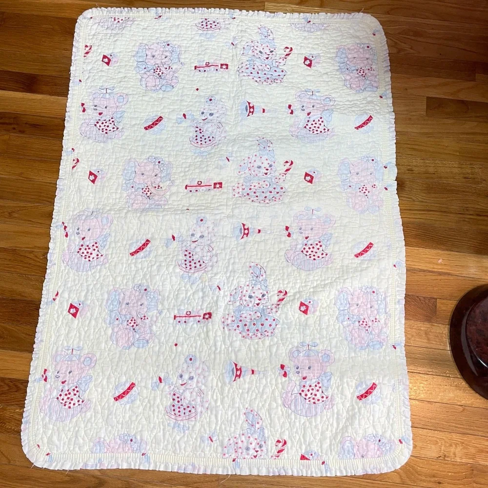 Vintage Quilted Baby Blanket Pastel Ruffled Circus Animal Elephant Bear Bunny